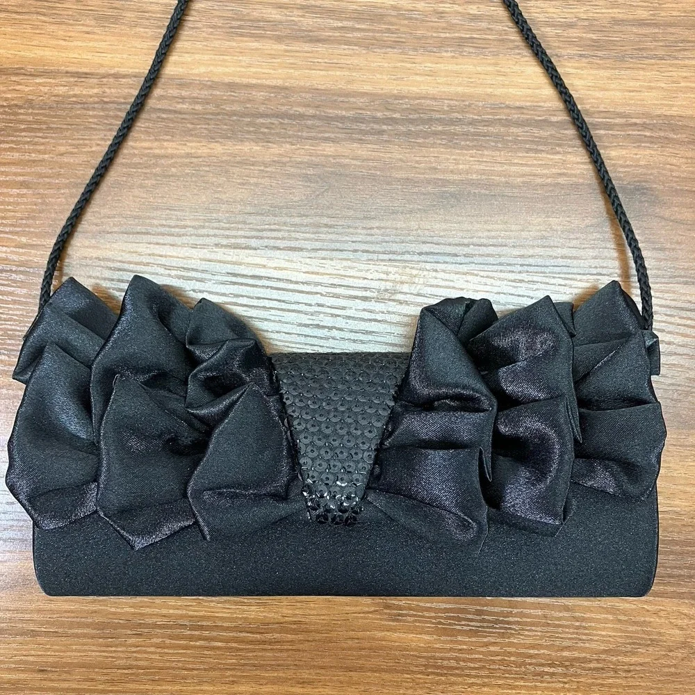 Jessica‎ McClintock Womens Black Vintage Bow Ruffle Sequin Clutch Bag Purse